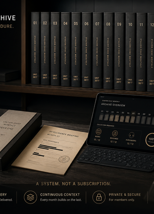 Unit 3877 Station Chief  archive — 12 numbered volumes, briefing folder, tablet with progress tracker, showing 12 books, 12 briefings, 12 audiobooks in complete intelligence archive box set