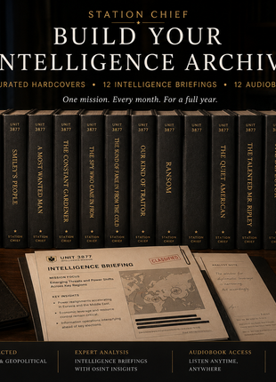 Station Chief Intelligence Archive subscription showcasing 12 hand-selected espionage and geopolitical thriller novels, monthly intelligence briefings, audiobooks, classified-style reports, and premium listening experience in an elegant library setting.