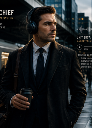 Professional commuting with the Unit 3877 Station Chief Annual audiobook experience—an executive wearing headphones listens to a premium espionage thriller while traveling through a modern train station, highlighting the multi-format spy fiction subscription with hardcover books, audiobooks, and digital classified intelligence briefings.