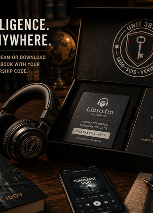 Premium audiobook subscription gift box featuring Libro.fm membership code, wireless over-ear headphones, smartphone audiobook app, The Cormorant Hunt by Michael Idov, coffee mug, field notes notebook, and spy-themed Station Chief collectibles on a dark wooden desk. Monthly audiobook experience for mystery, thriller, and espionage book lovers.