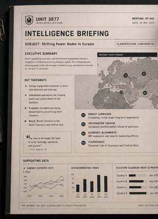 Unit 3877 Station Chief  intelligence briefing book displayed with classified documents, maps, and spy-themed office accessories in a covert operations style layout.