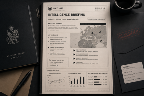 Unit 3877 Station Chief  intelligence briefing book displayed with classified documents, maps, and spy-themed office accessories in a covert operations style layout.