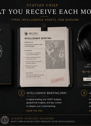 Unit 3877 Station Chief espionage fiction subscription featuring a hardcover spy novel, intelligence briefing, and audiobook access. Premium subscription for fans of spy thrillers, intelligence operations, geopolitical fiction, John le Carré-style novels, and curated literary subscriptions.