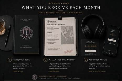 Unit 3877 Station Chief espionage fiction subscription featuring a hardcover spy novel, intelligence briefing, and audiobook access. Premium subscription for fans of spy thrillers, intelligence operations, geopolitical fiction, John le Carré-style novels, and curated literary subscriptions.