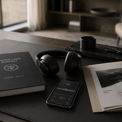 Unit 3877 Station Chief Monthly brief on leather desk mat with headphones, phone playing audio briefing, and classified dossier envelope