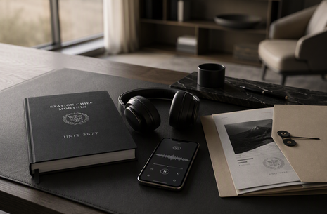 Unit 3877 Station Chief Monthly brief on leather desk mat with headphones, phone playing audio briefing, and classified dossier envelope