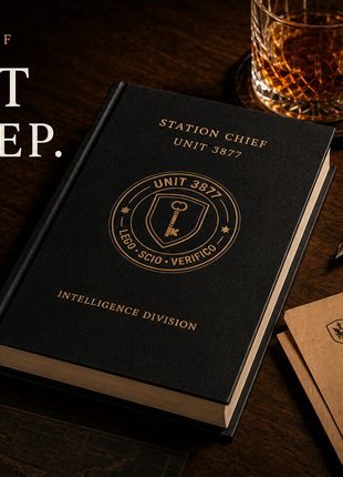Premium hardcover espionage novel from the Unit 3877 Station Chief annual subscription displayed on a walnut desk with a classified intelligence folder, fountain pen, and whiskey glass, highlighting a luxury spy book collection built to keep.
