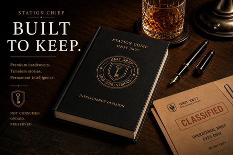 Premium hardcover espionage novel from the Unit 3877 Station Chief annual subscription displayed on a walnut desk with a classified intelligence folder, fountain pen, and whiskey glass, highlighting a luxury spy book collection built to keep.