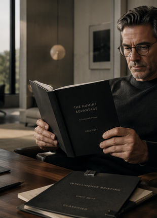 Man reading The Humint Advantage tradecraft primer from Unit 3877 Station Chief, seated at modern desk with classified intelligence briefing folder, tablet, and coffee"