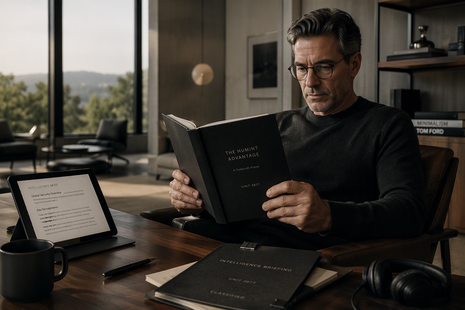 Man reading The Humint Advantage tradecraft primer from Unit 3877 Station Chief, seated at modern desk with classified intelligence briefing folder, tablet, and coffee"