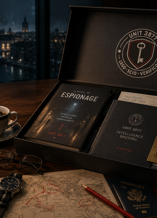 Unit 3877 Field Agent Annual Edition espionage book subscription hero image featuring a premium intelligence box containing a hardcover spy novel, classified briefing dossier, operational maps, passport, binoculars, and tradecraft accessories in a cinematic luxury intelligence office overlooking a city at night.