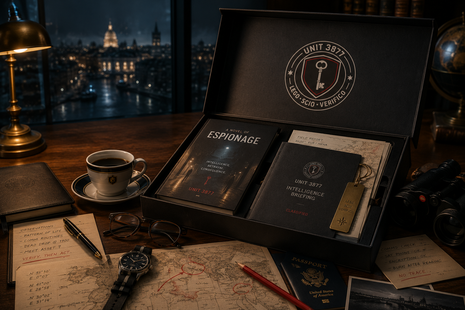Unit 3877 Field Agent Annual Edition espionage book subscription hero image featuring a premium intelligence box containing a hardcover spy novel, classified briefing dossier, operational maps, passport, binoculars, and tradecraft accessories in a cinematic luxury intelligence office overlooking a city at night.