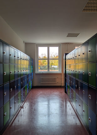 School  rows of lockers representing middle school setting in Wonder by R J Palacio, story about kindness and acceptance